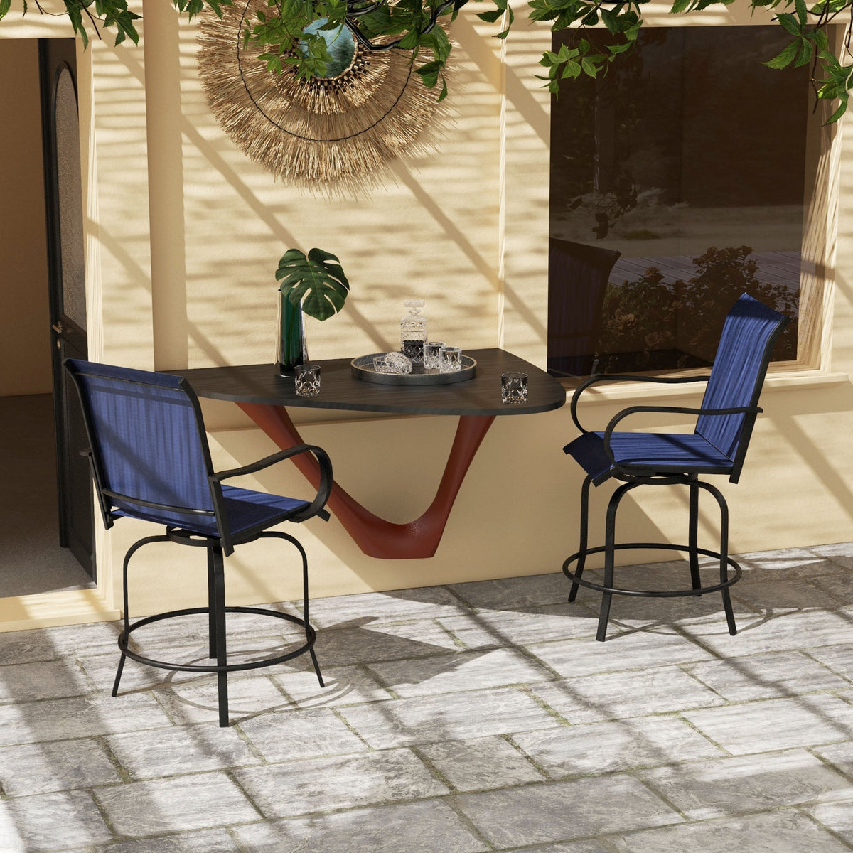 2-Piece Swivel Outdoor Bar Stools with Armrests, Navy Blue — product view 3