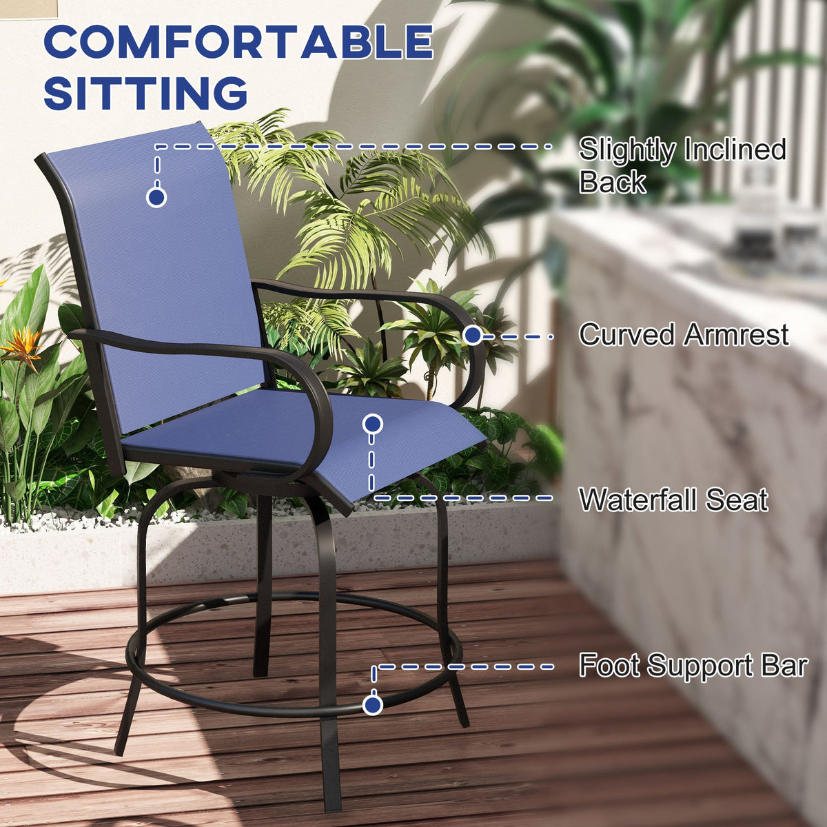 2-Piece Swivel Outdoor Bar Stools with Armrests, Navy Blue — product view 7