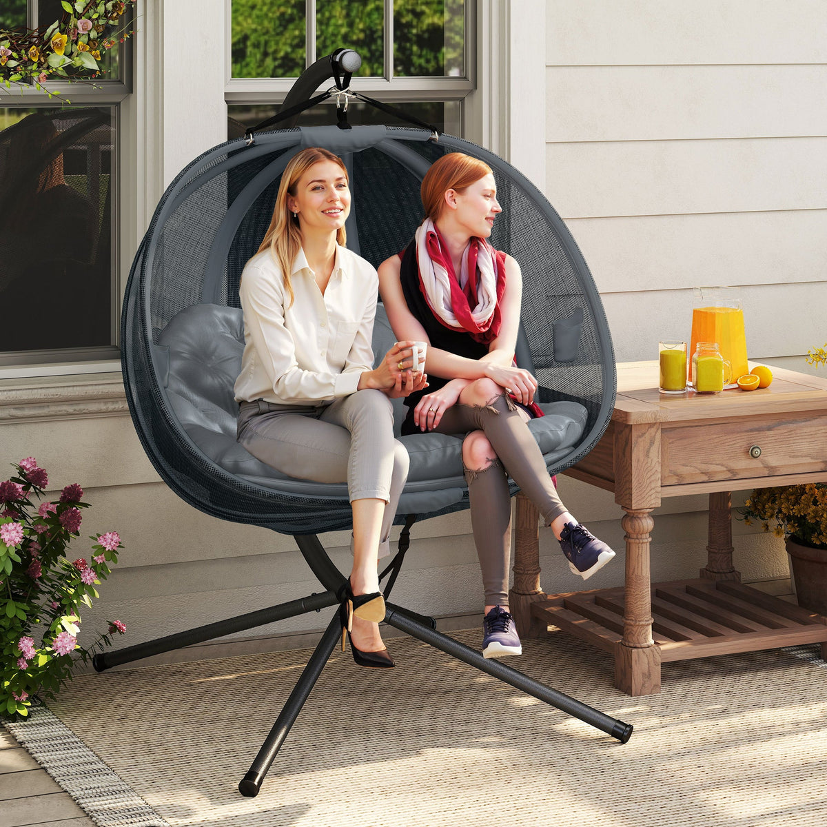 Double Egg Chair with Stand, 2 Person Hanging Swing Egg Chair Outdoor Indoor, 528 LBS Capacity Loveseat Hammock Swing with Cushion, Pockets, Grey — product view 3