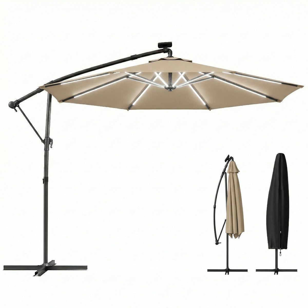 3 m Cantilever Parasol with Solar LED Light, Cover & 360° Rotation, Khaki — product view 1