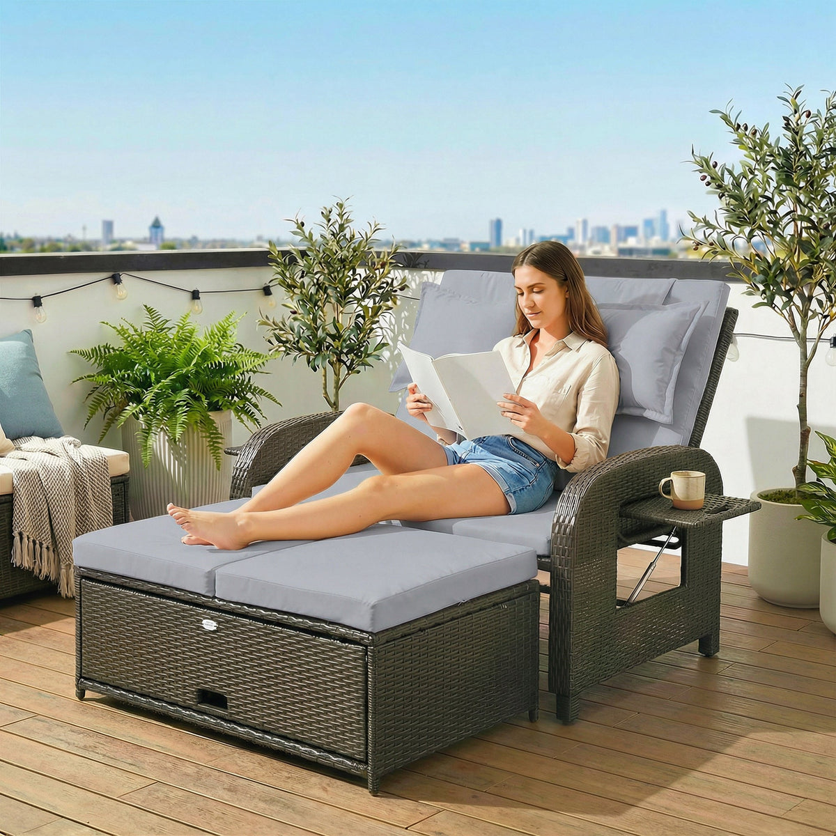 Rattan Patio Daybed with Storage Ottoman and Adjustable Backrest, Gray — product view 4