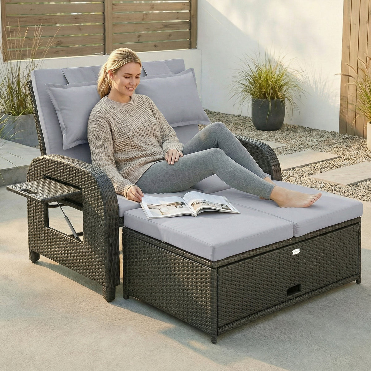 Rattan Patio Daybed with Storage Ottoman and Adjustable Backrest, Gray — product view 3