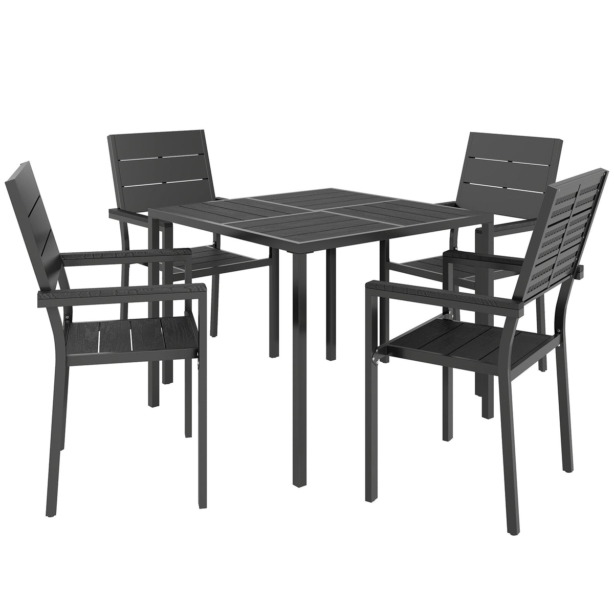 5-Piece Garden Dining Set, Square HDPE Table and Armrest Chairs for 4, Black — product view 2