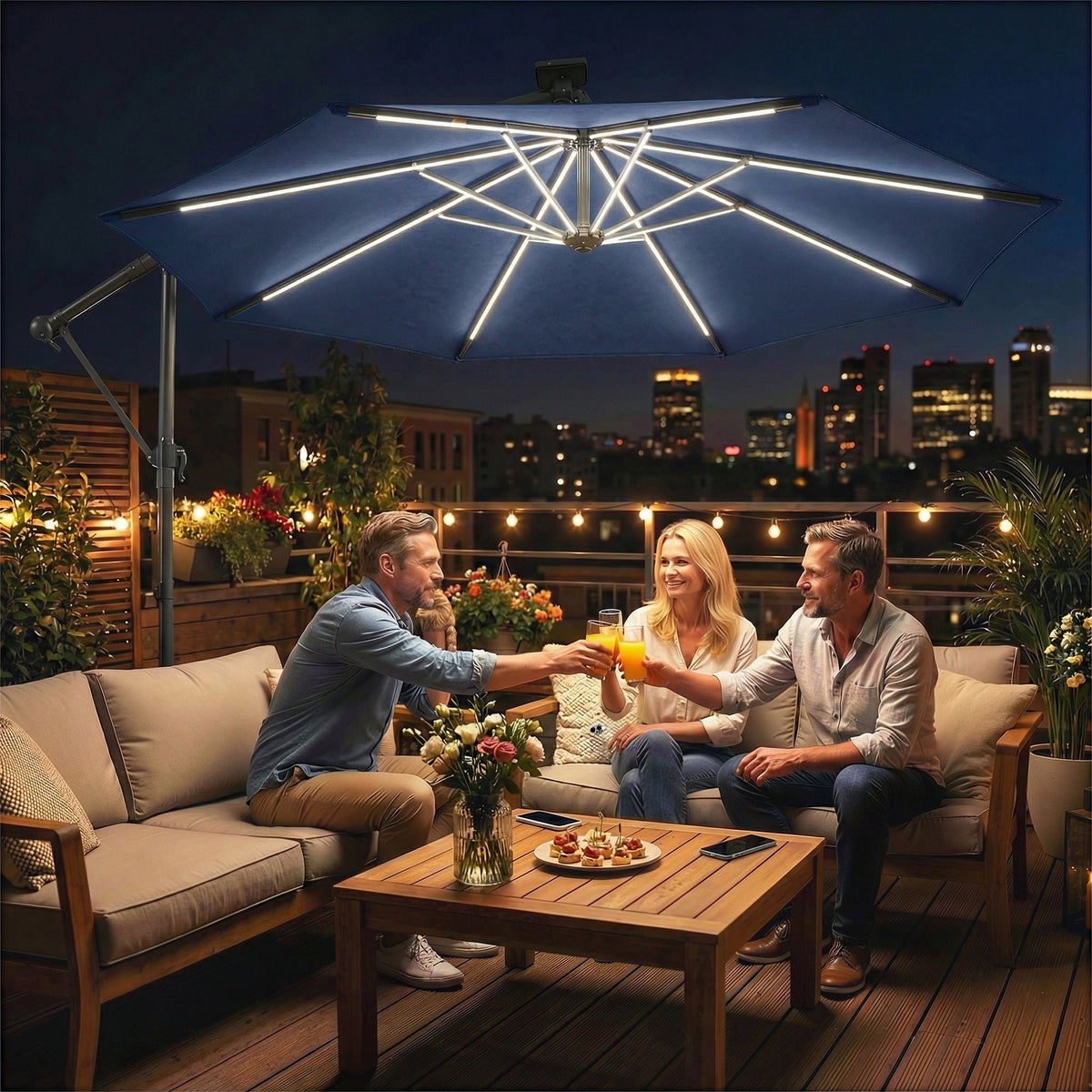 3 m Cantilever Parasol with Solar LED Light, Cover & 360° Rotation, Navy Blue — product view 3