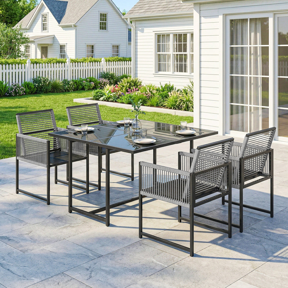 5-Piece Light Grey Outdoor Dining Set with Tempered Glass Top, Foldable Chairs — product view 3