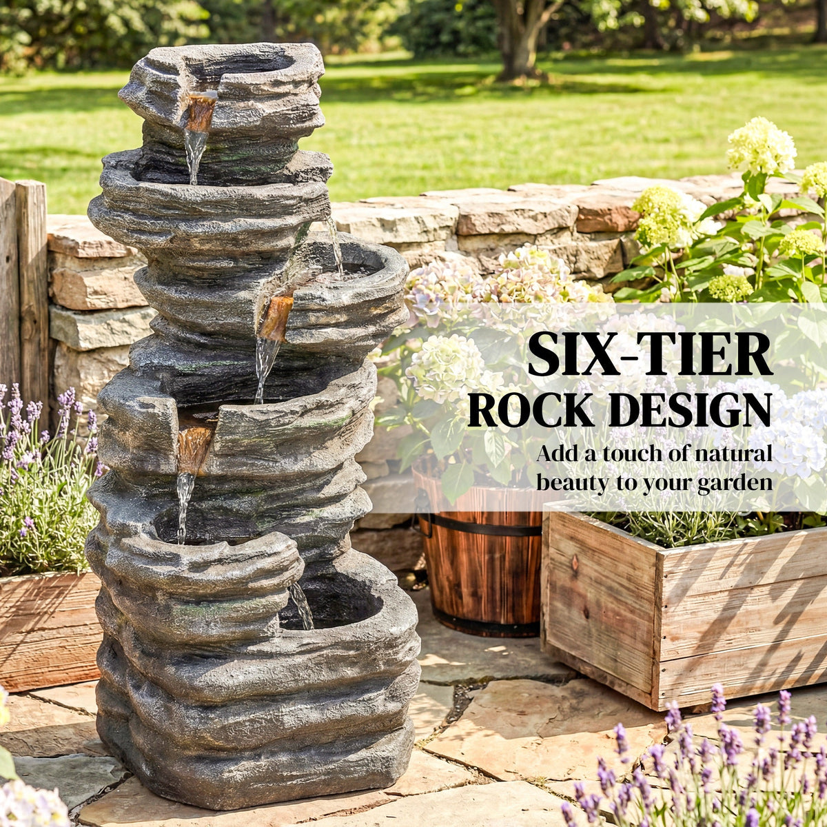 6-Tier Resin Rock Garden Fountain with Cascading Waterfall and LED Lights, Grey — product view 6