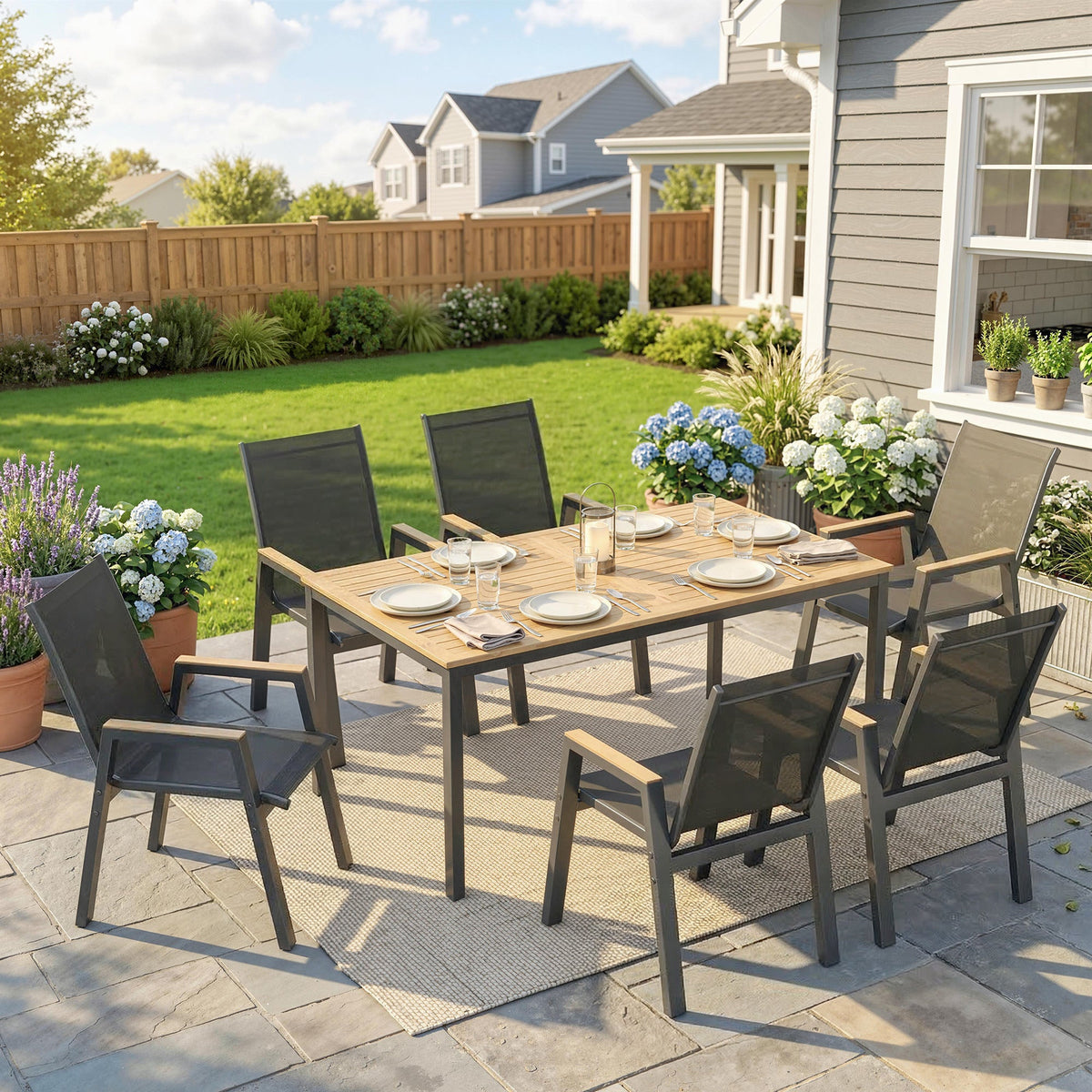 7-Piece Outdoor Dining Set with Slatted Rectangle Table and 6 Mesh Chairs, Black — product view 3