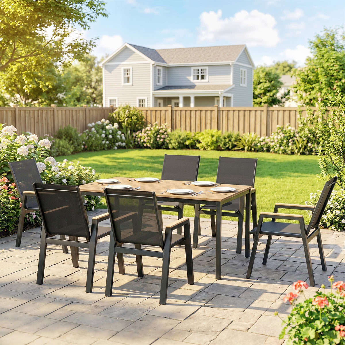 7-Piece Outdoor Dining Set with Slatted Rectangle Table and 6 Mesh Chairs, Black — product view 4