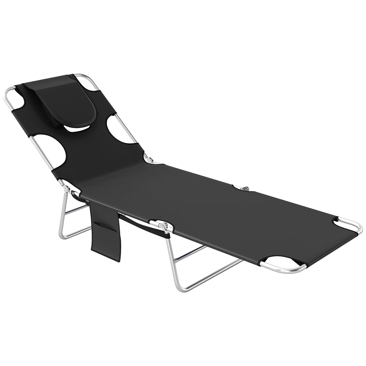 Folding Lounge Chair with Face Hole, Side Pocket and Strap, Black — product view 1