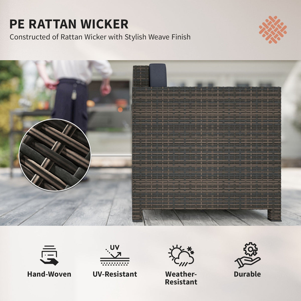 Single Rattan Garden Armchair with 10 cm Cushion & Armrests, Mixed Brown/Navy Blue — product view 6