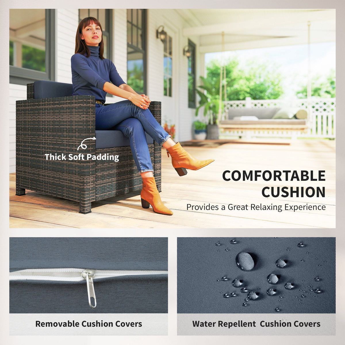 Single Rattan Garden Armchair with 10 cm Cushion & Armrests, Mixed Brown/Navy Blue — product view 7