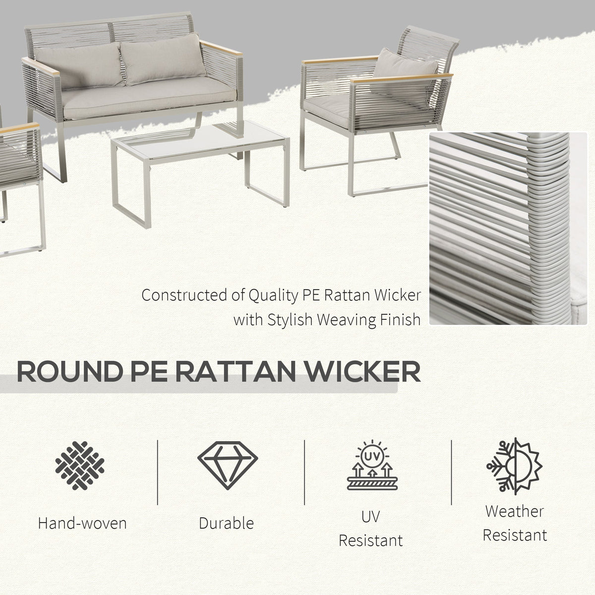 ARVOYA 4 Piece Rattan Garden Furniture Set with Cushions & Glass Top Table, Grey — product view 5