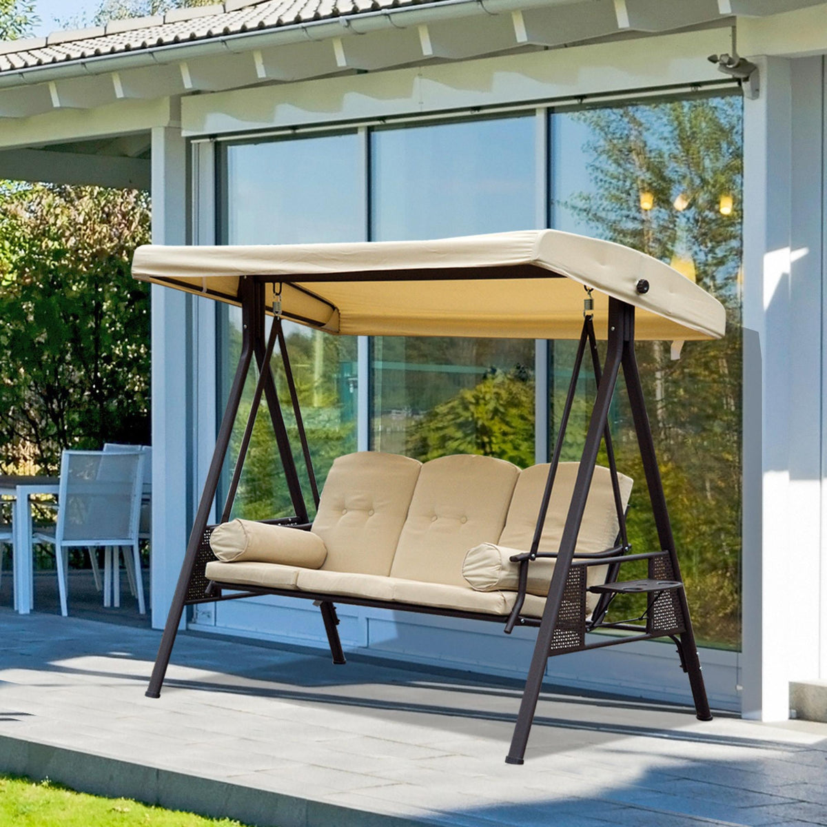 3 Seater Canopy Swing Chair with Cushions & Cup Trays, Beige — product view 4