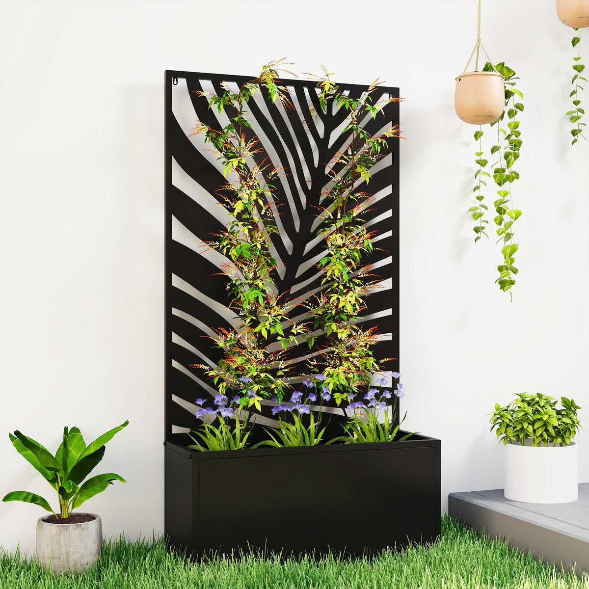 Metal Raised Garden Bed with Trellis Privacy Panel, Large Leaf Cut-Out — product view 3