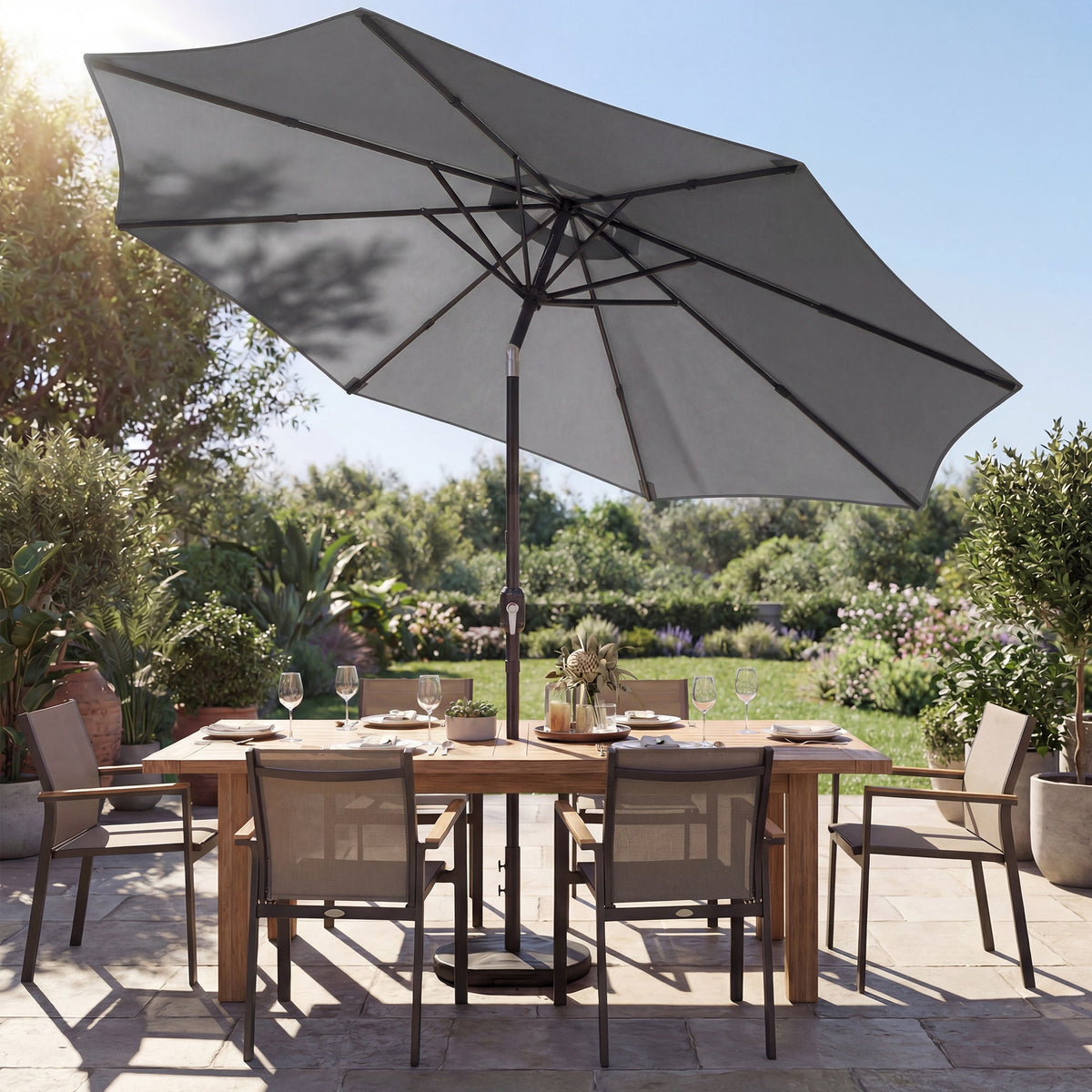 2.7 m Garden Parasol with Cross Base, Sandbag and Tilt, Light Grey — product view 3