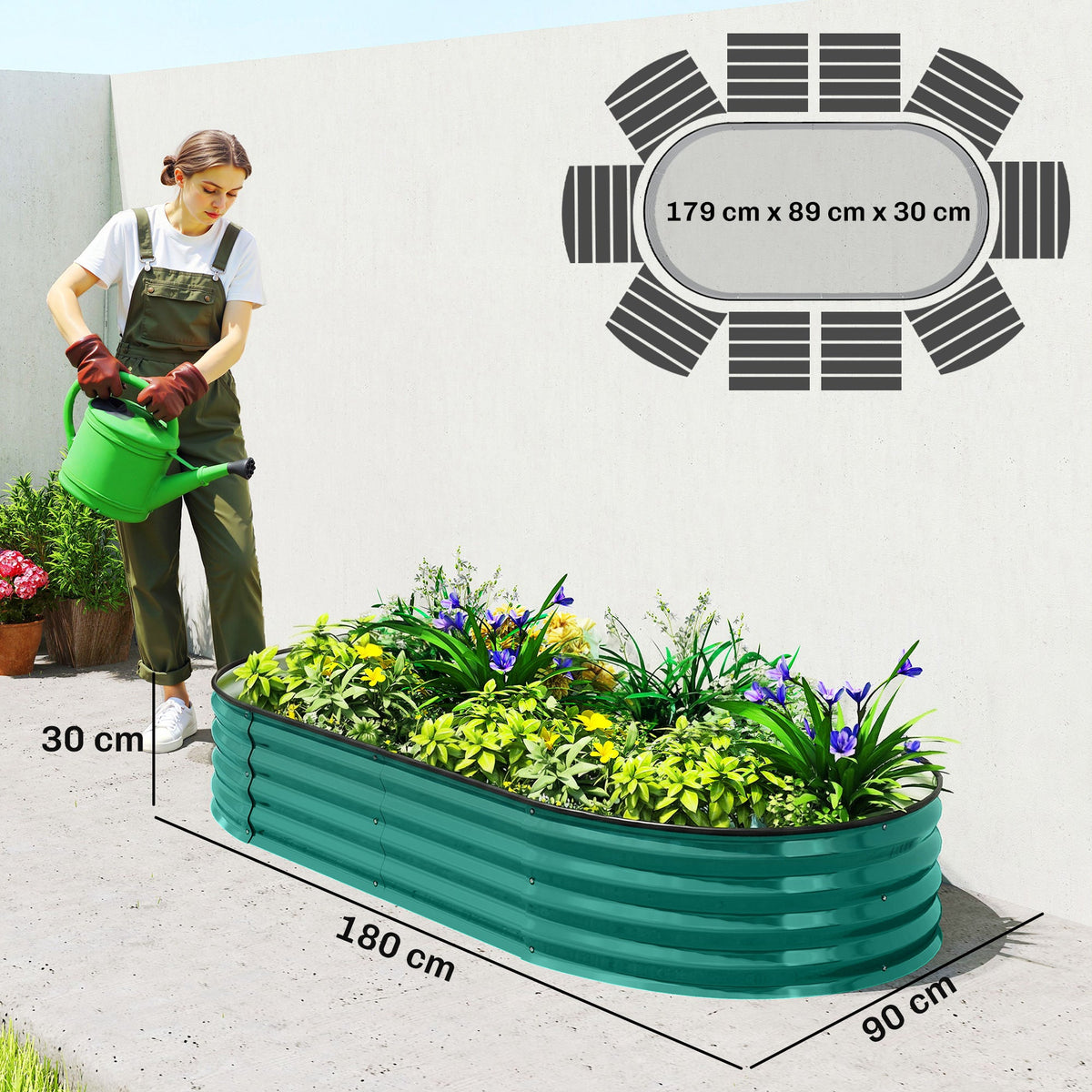 180 x 90 x 30 cm Galvanised Raised Garden Bed with Safety Edging, Light Green — product view 5