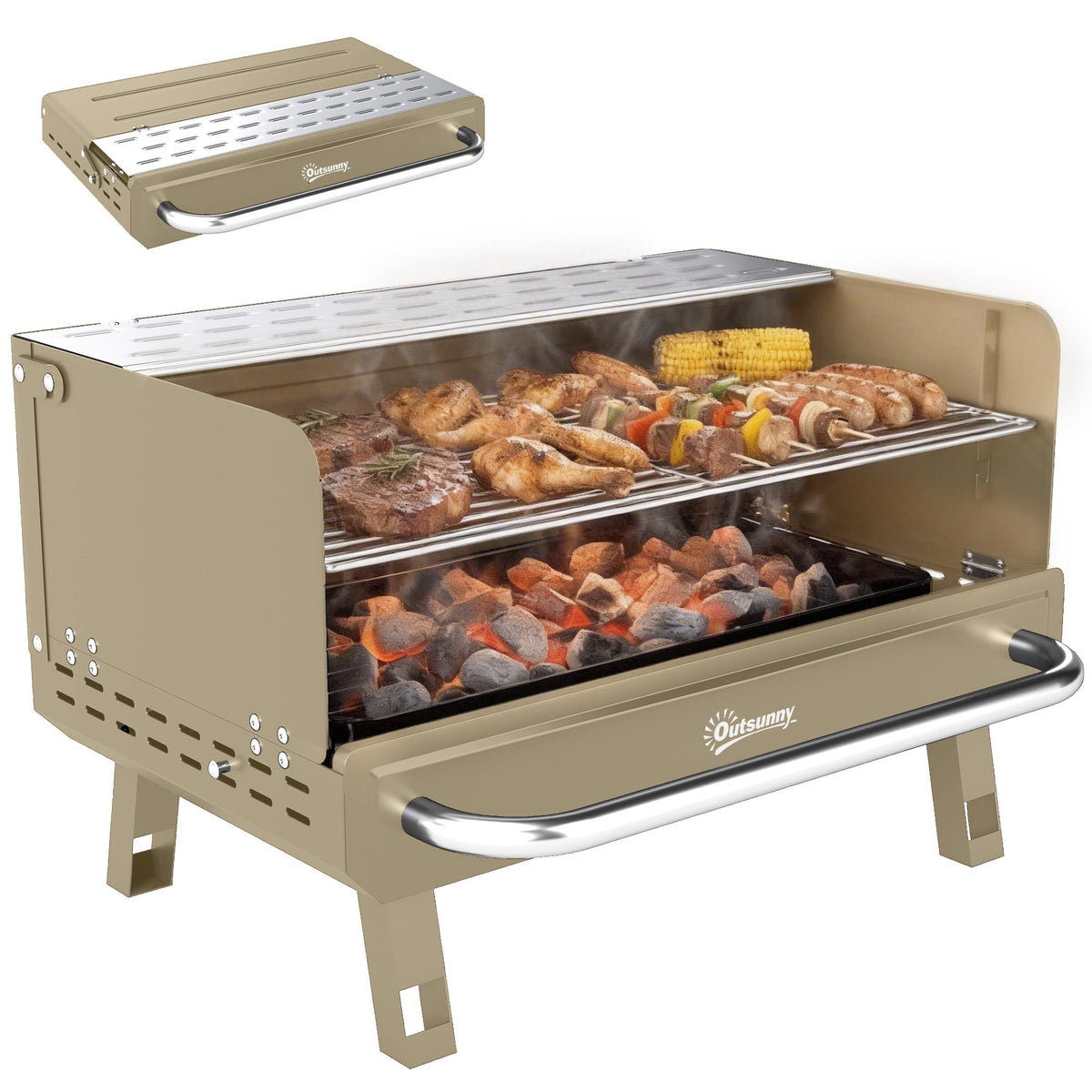 Portable Charcoal BBQ Grill with Adjustable Grates and Side Shelf, Khaki — product view 1