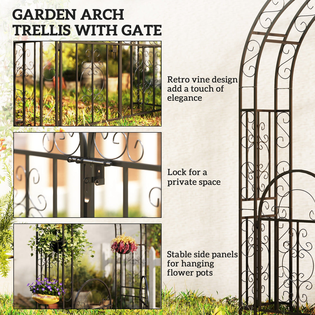 7.4ft Steel Garden Arch with Gate for Climbing Plants, Roses, Vines, Black — product view 6