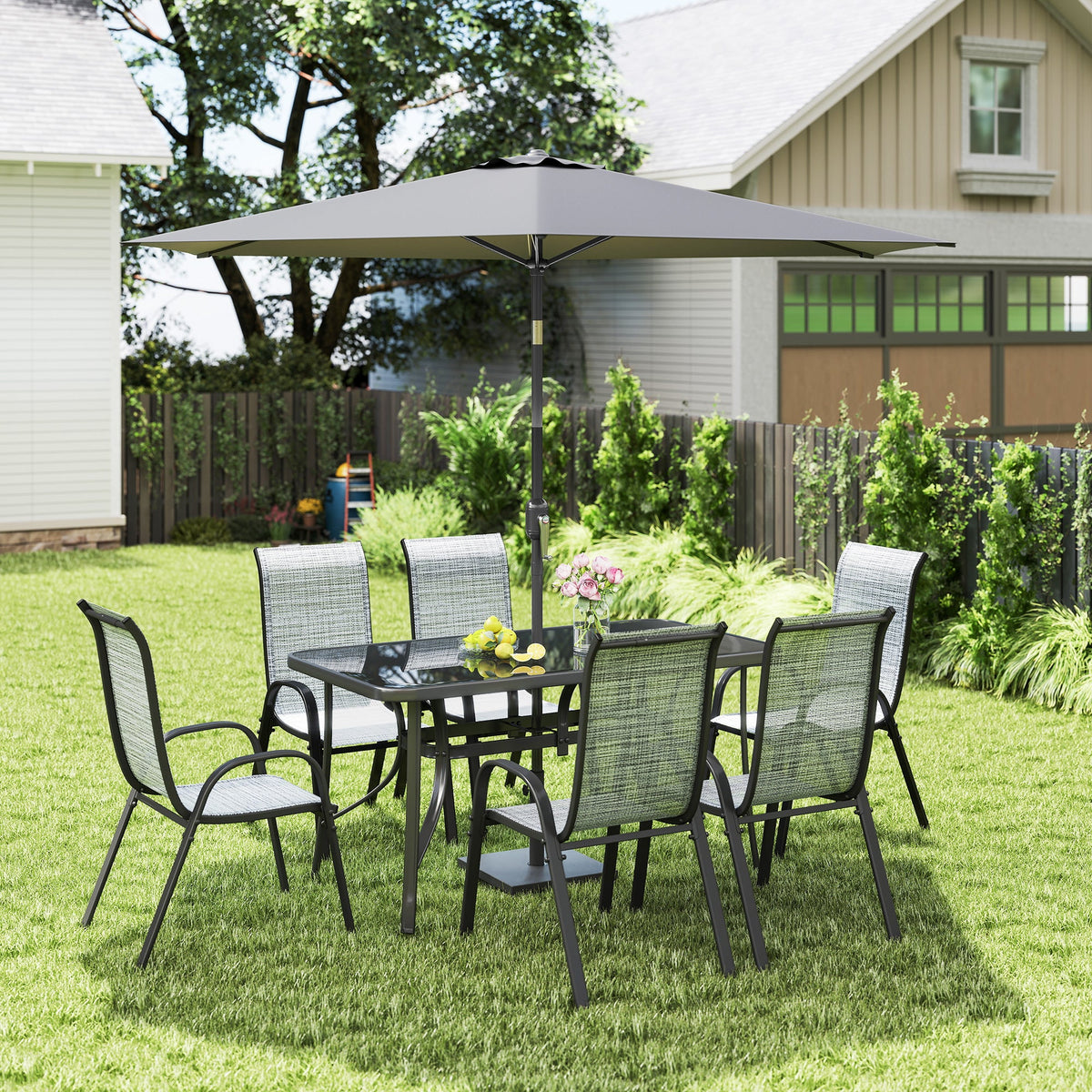 8-Piece Patio Dining Set with 9 Ft Umbrella, Mixed Gray — product view 3