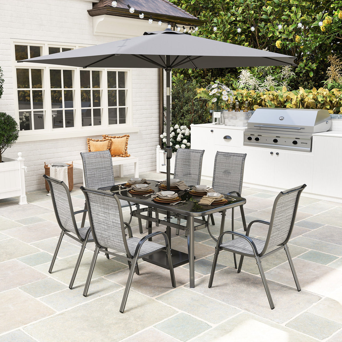 8-Piece Patio Dining Set with 9 Ft Umbrella, Mixed Gray — product view 4