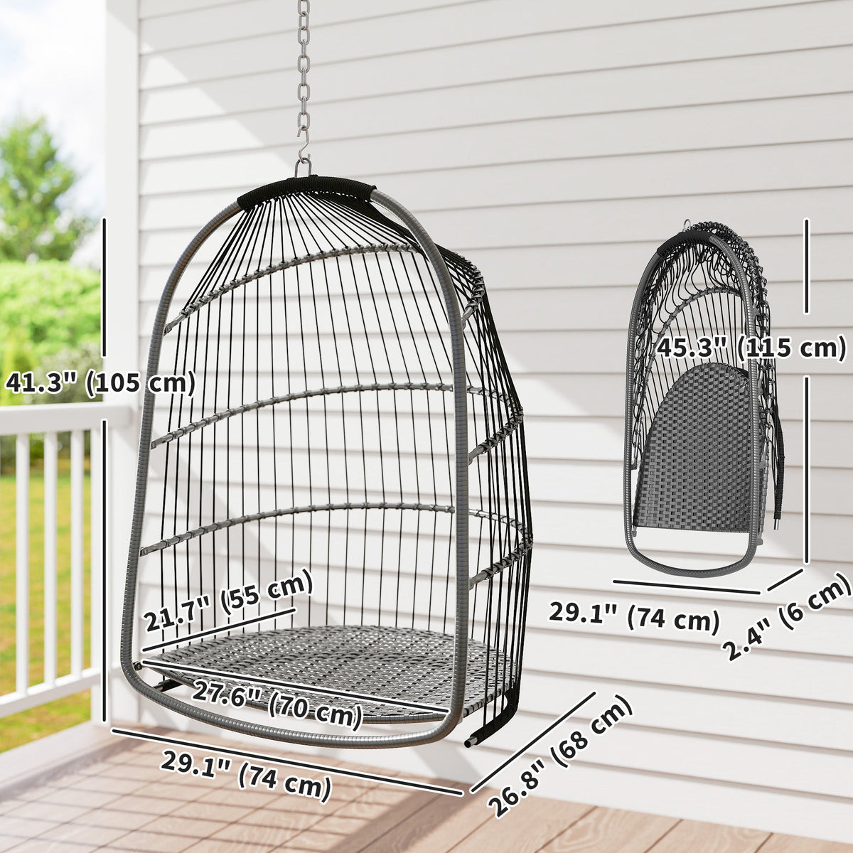 Foldable Hanging Egg Chair with Cushion, Headrest and Kit, Dark Grey — product view 5