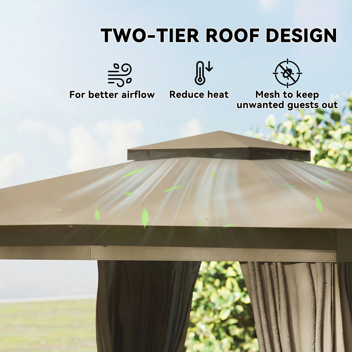 10' x 12' Soft Top Gazebo Canopy Shelter with Double Roof, Curtains, UPF30+ Protection, Deck, Khaki — product view 6