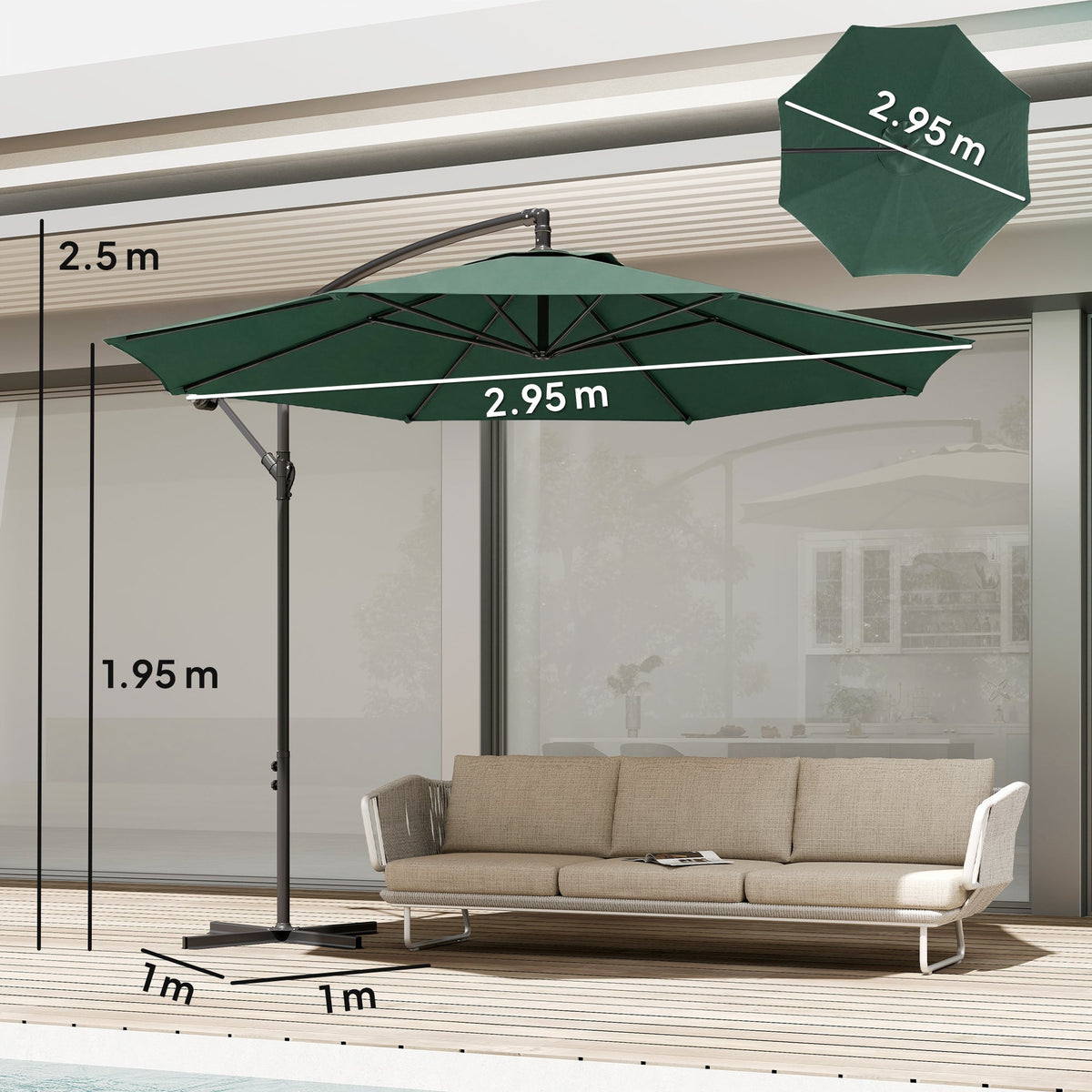 3 m Banana Parasol with Crank Handle, 8 Ribs & Cross Base, Dark Green — product view 5