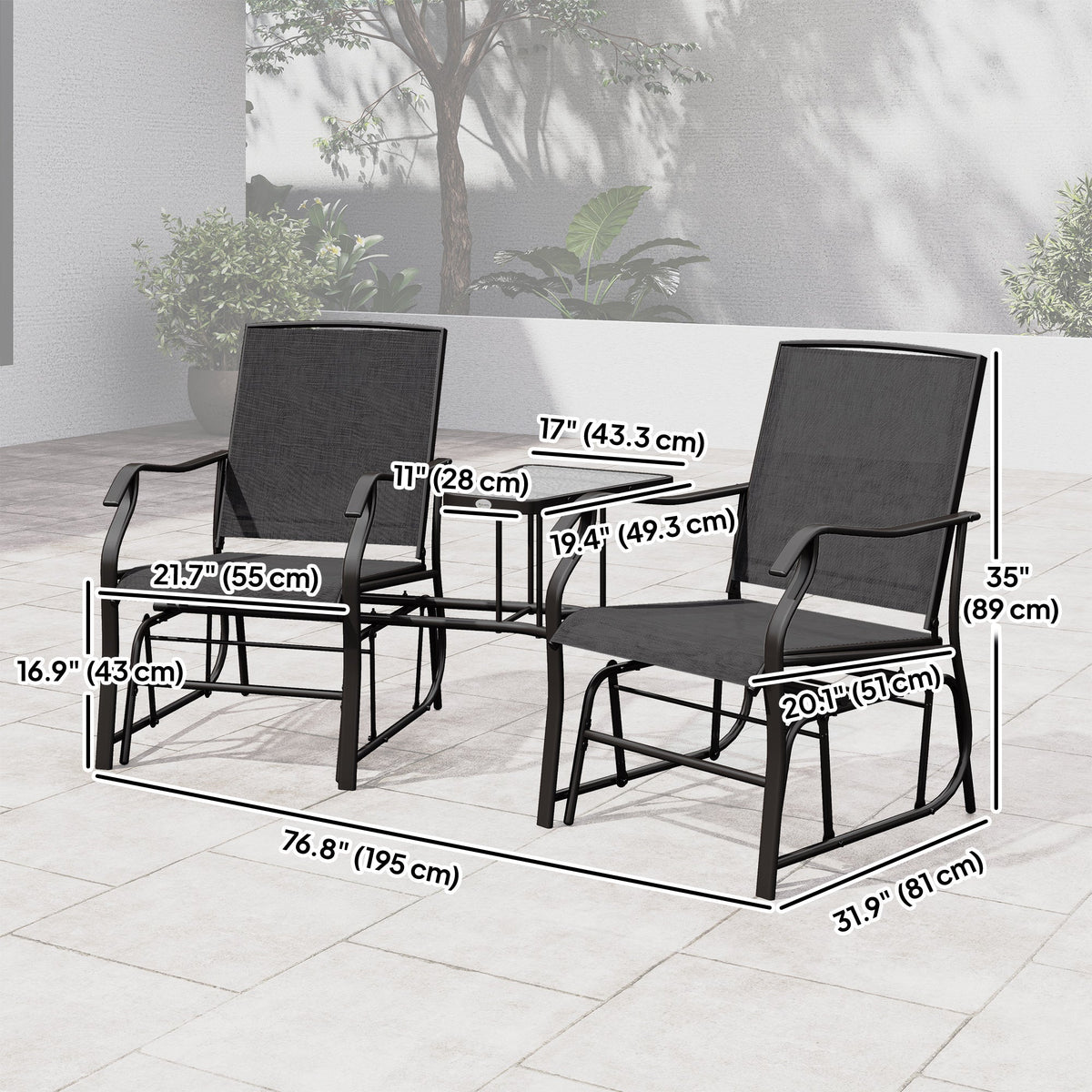 Double Patio Glider Chair with Glass Top Center Table, All Weather Breathable Mesh Fabric, Black — product view 5