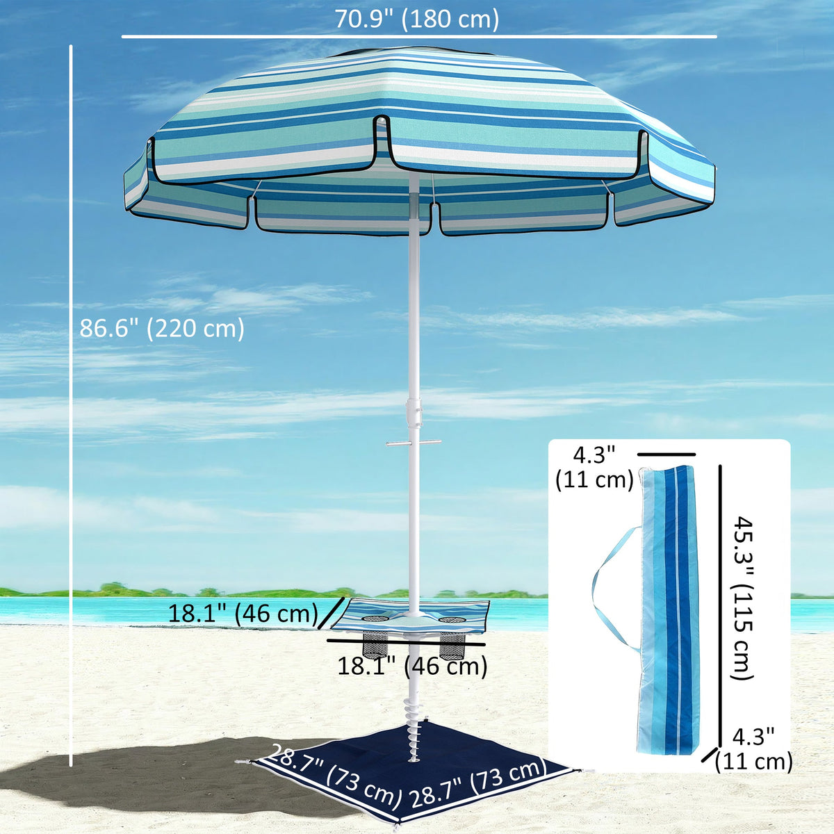6 ft Portable Beach Umbrella with Foldable Table and Cup Holders, Dark Blue — product view 5