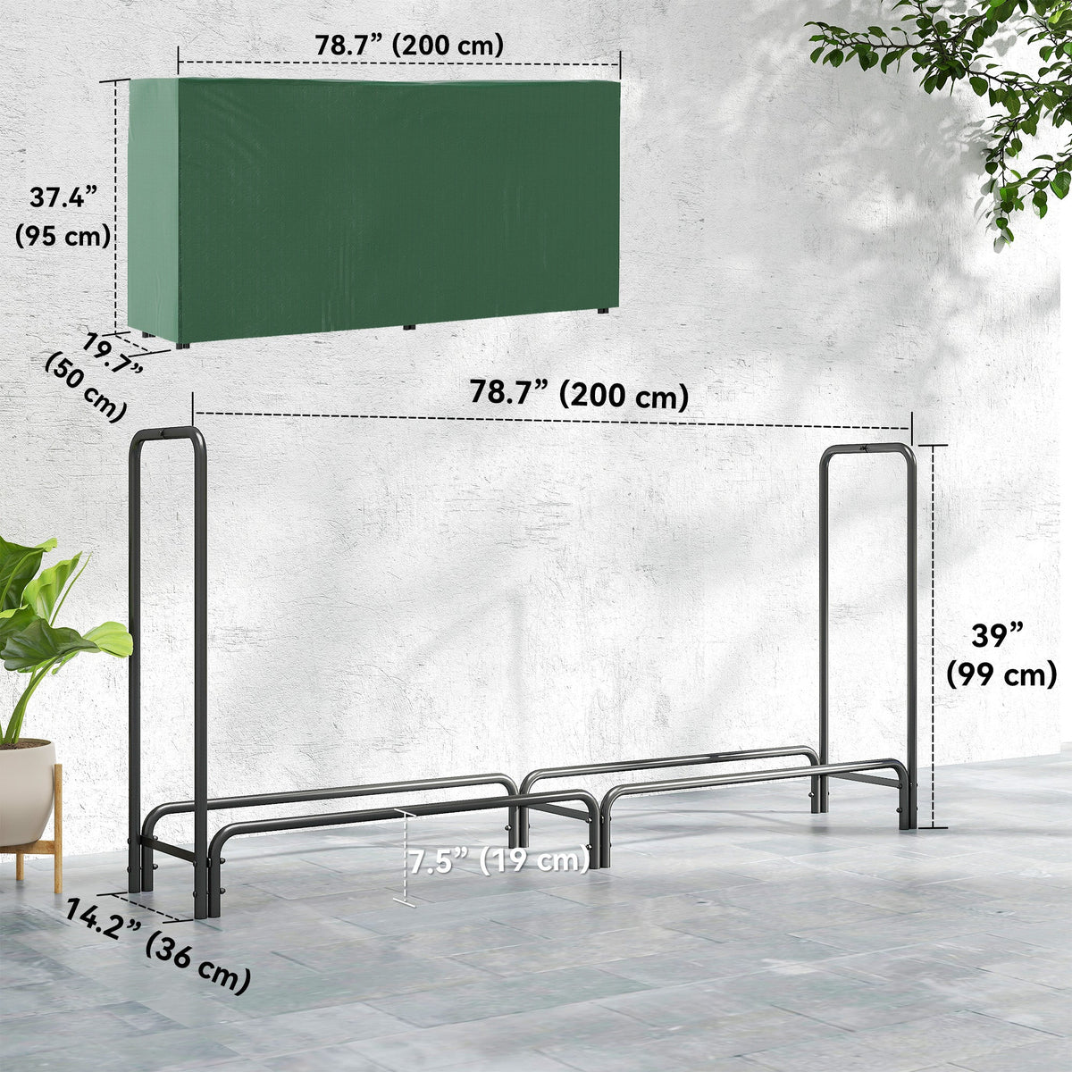 Heavy-Duty Firewood Rack with Waterproof Cover in Dark Green, 78.7" x 14.2" x 39" — product view 5