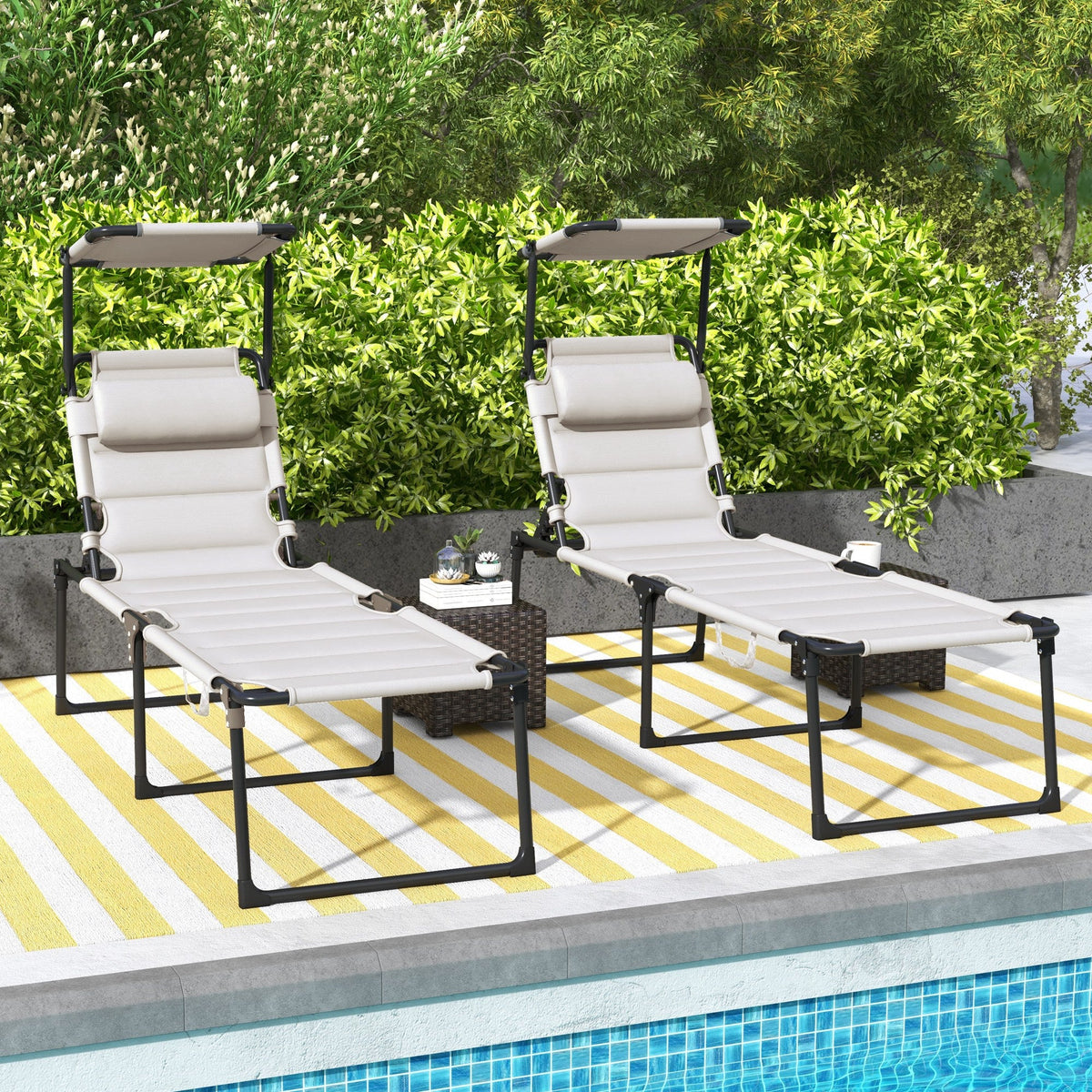2-Piece Outdoor Lounge Chairs with Sunshade and Pillow, Cream White — product view 4