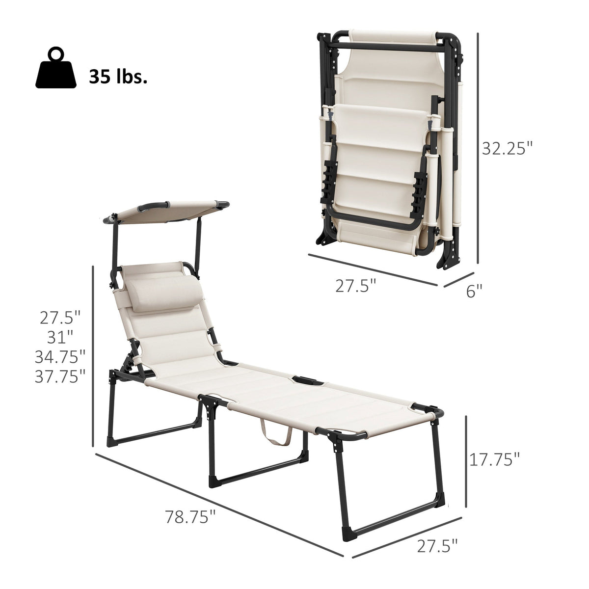 2-Piece Outdoor Lounge Chairs with Sunshade and Pillow, Cream White — product view 5