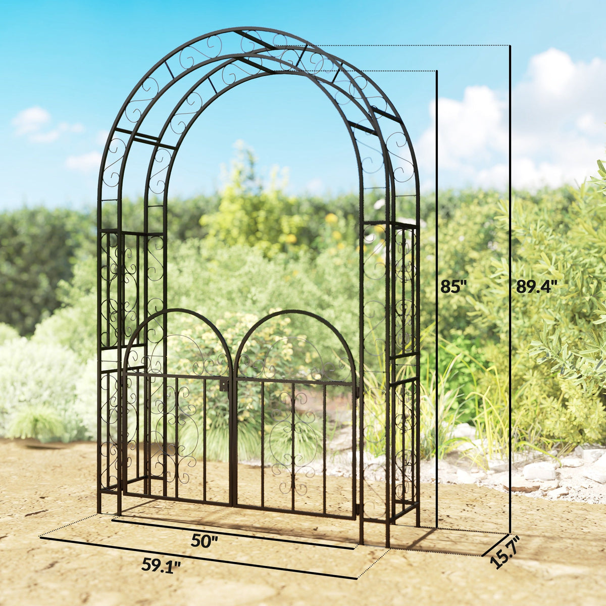 7.4ft Steel Garden Arch with Gate for Climbing Plants, Roses, Vines, Black — product view 5