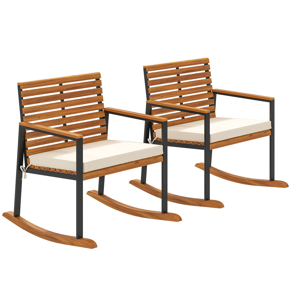 2-Piece Acacia Wood Rocking Chair Set with Cushions, Cream White — product view 1