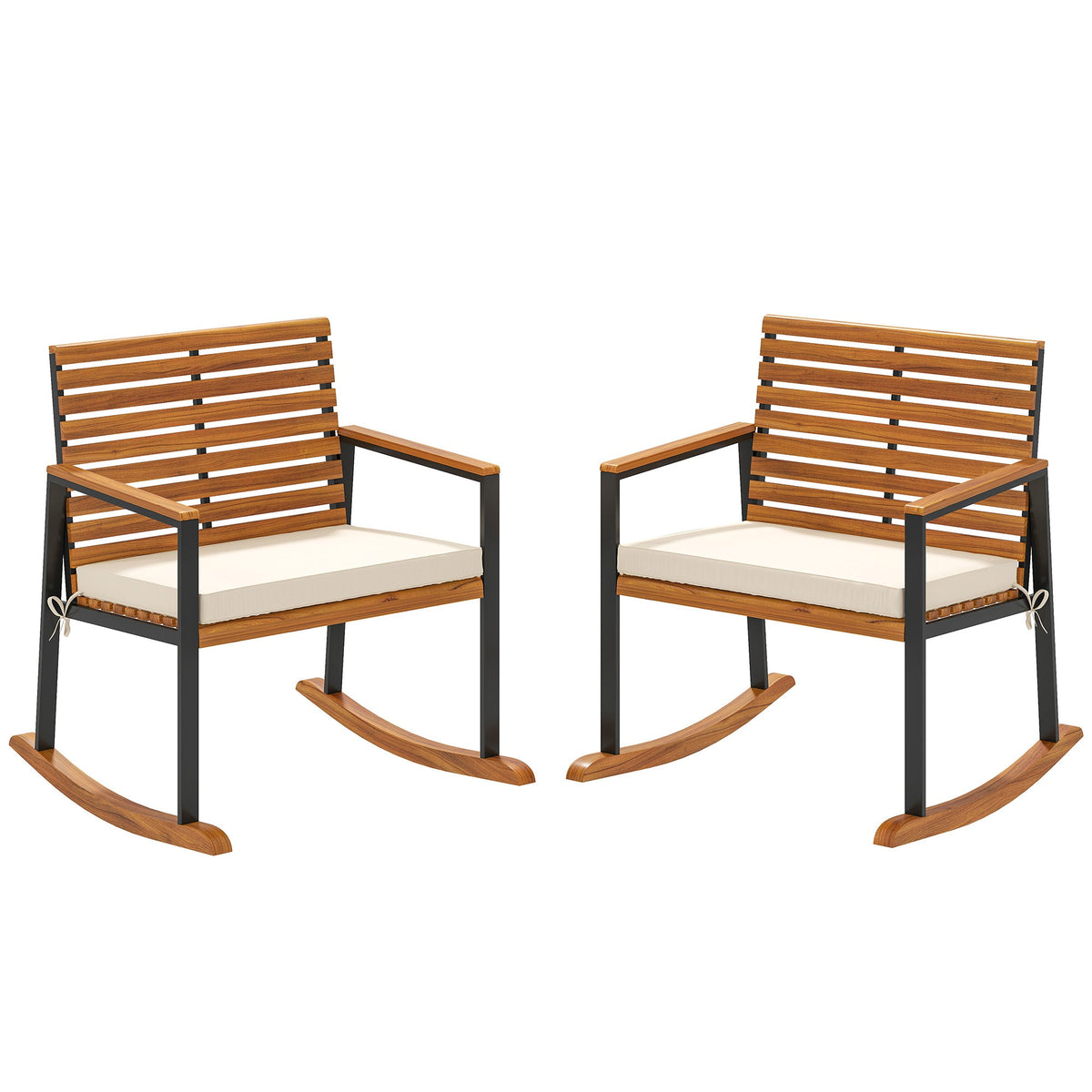 2-Piece Acacia Wood Rocking Chair Set with Cushions, Cream White — product view 2