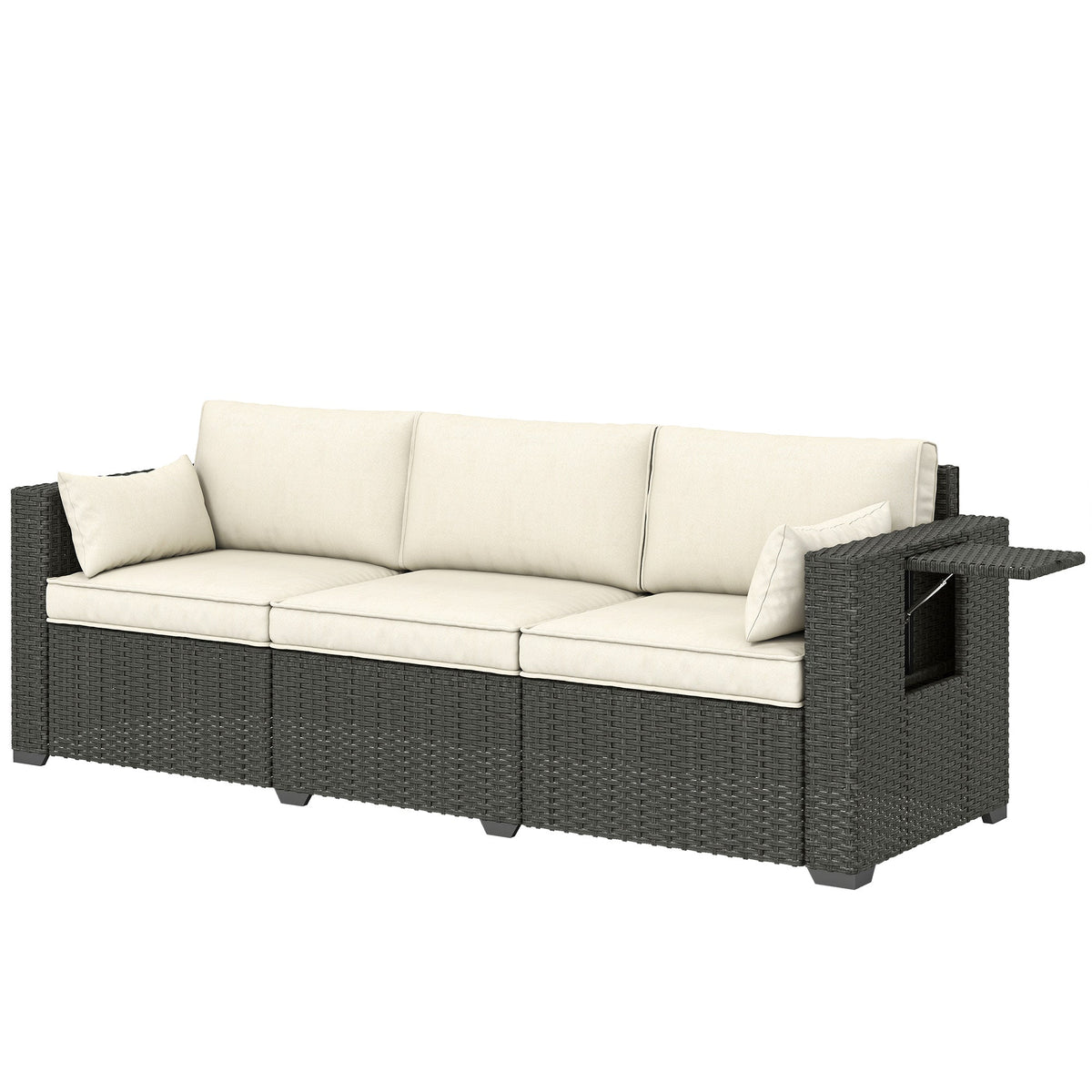 3-Seater Wicker Outdoor Sofa with Side Trays & Thick Cushions, Cream White — product view 1