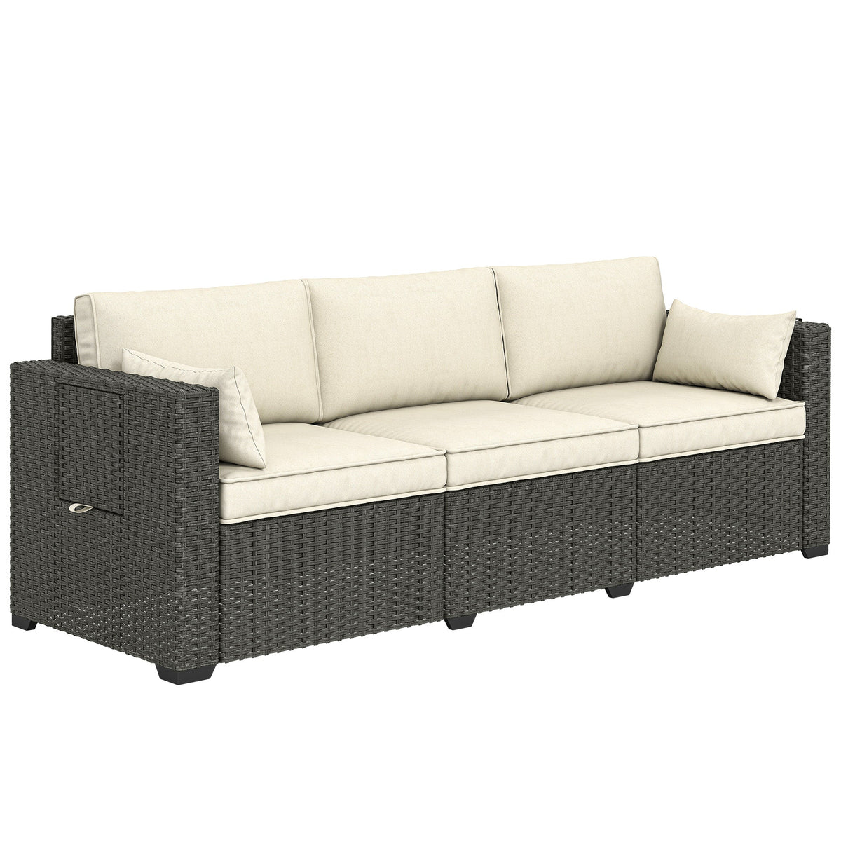 3-Seater Wicker Outdoor Sofa with Side Trays & Thick Cushions, Cream White — product view 2