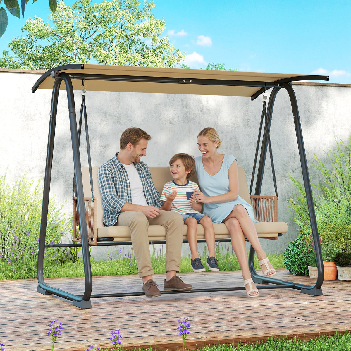 3 Seater Garden Swing Chair with Tilting Canopy and Zipped Cushions, Sand Brown — product view 4