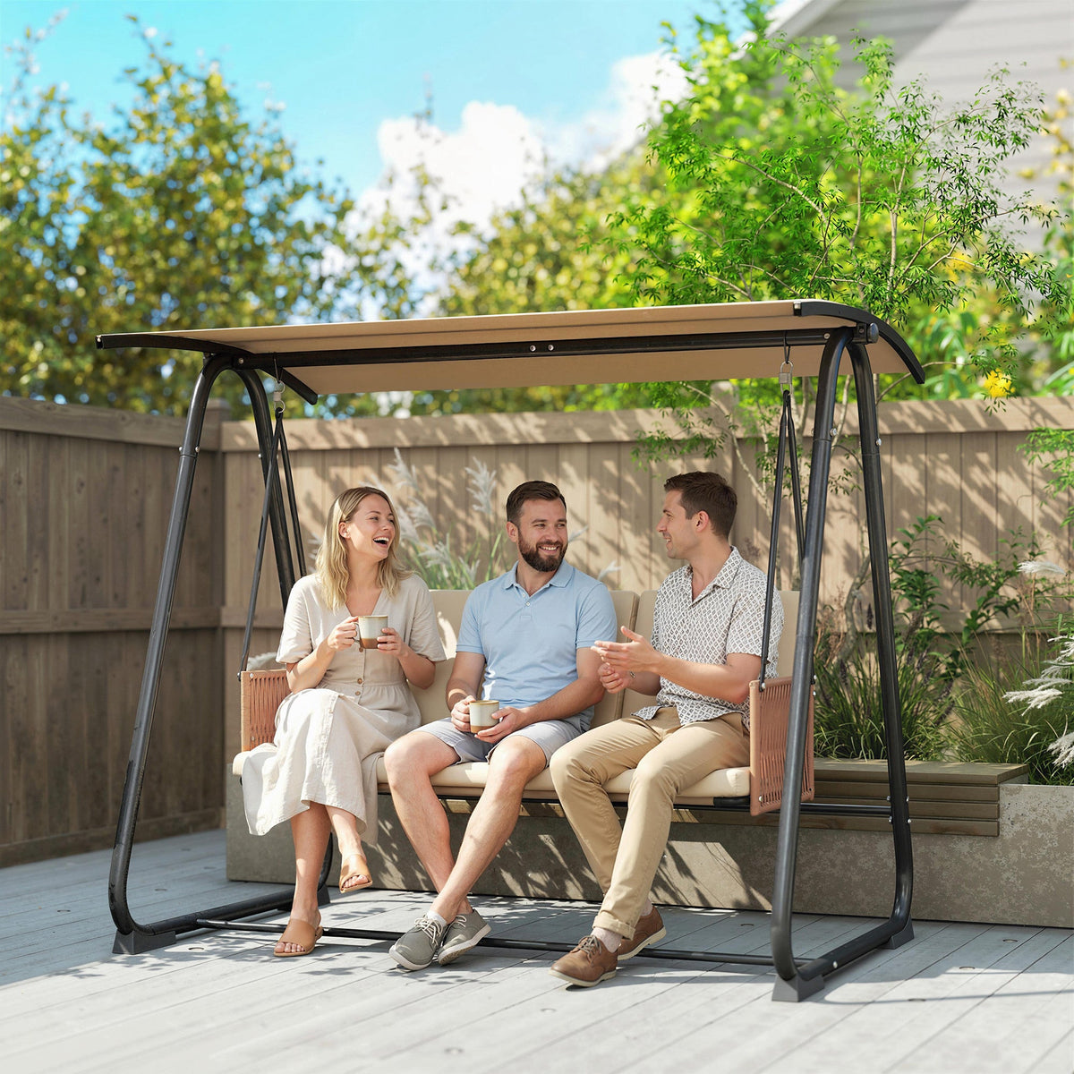3 Seater Garden Swing Chair with Tilting Canopy and Zipped Cushions, Sand Brown — product view 3
