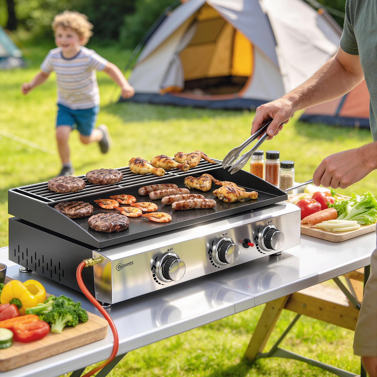 3 Burner Gas Plancha Grill with Warming Rack, 7.5 kW, Black — product view 4