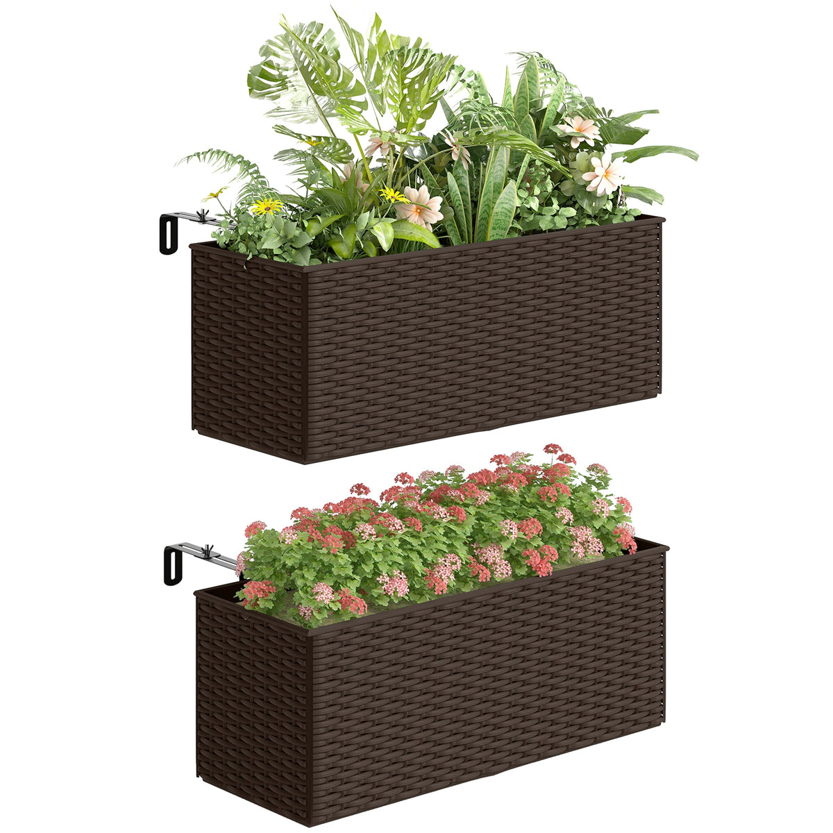 2 Pack 20" Railing Planter Boxes with Hooks and Drainage, Brown — product view 1