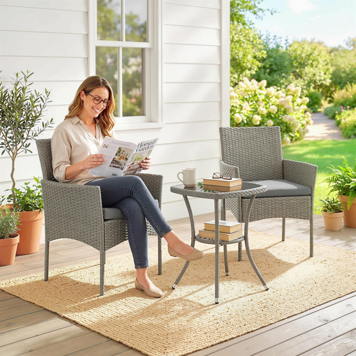 3-Piece PE Rattan Bistro Set with Glass-Top Table & Cushions, Dark Grey — product view 3