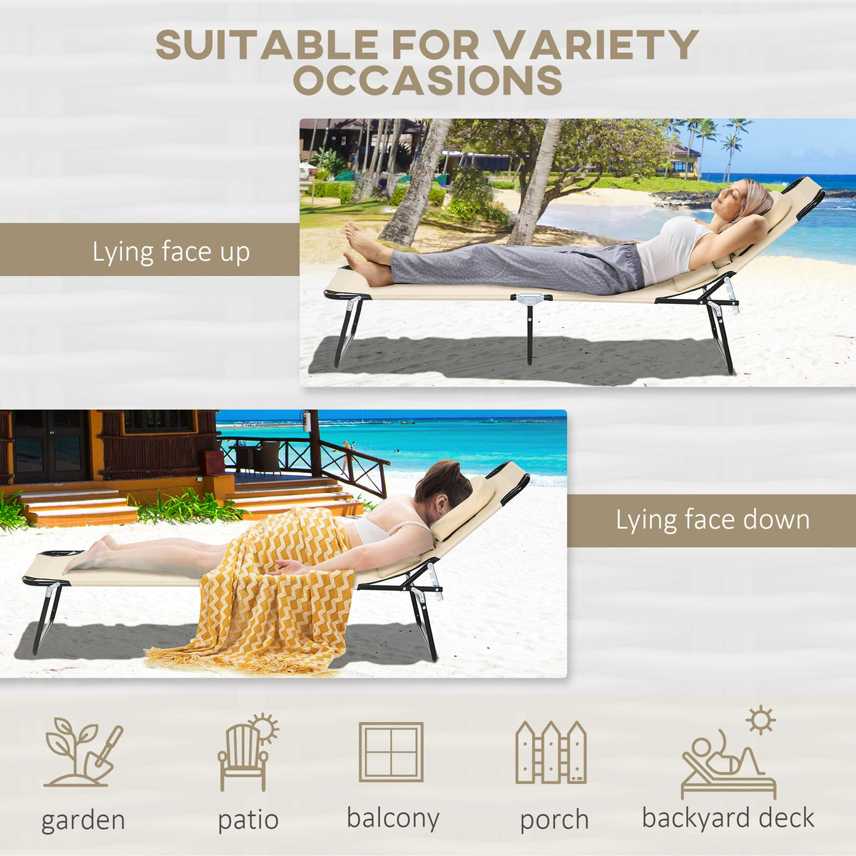 2pcs Adjustable Outdoor Lounge Chairs with Face Hole, Beige — product view 7