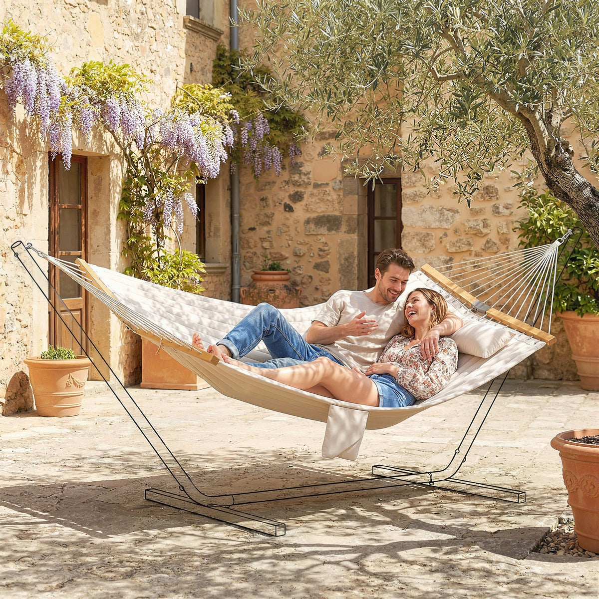200 x 140 cm Double Hammock with Pillow and Pad, Cream White — product view 3