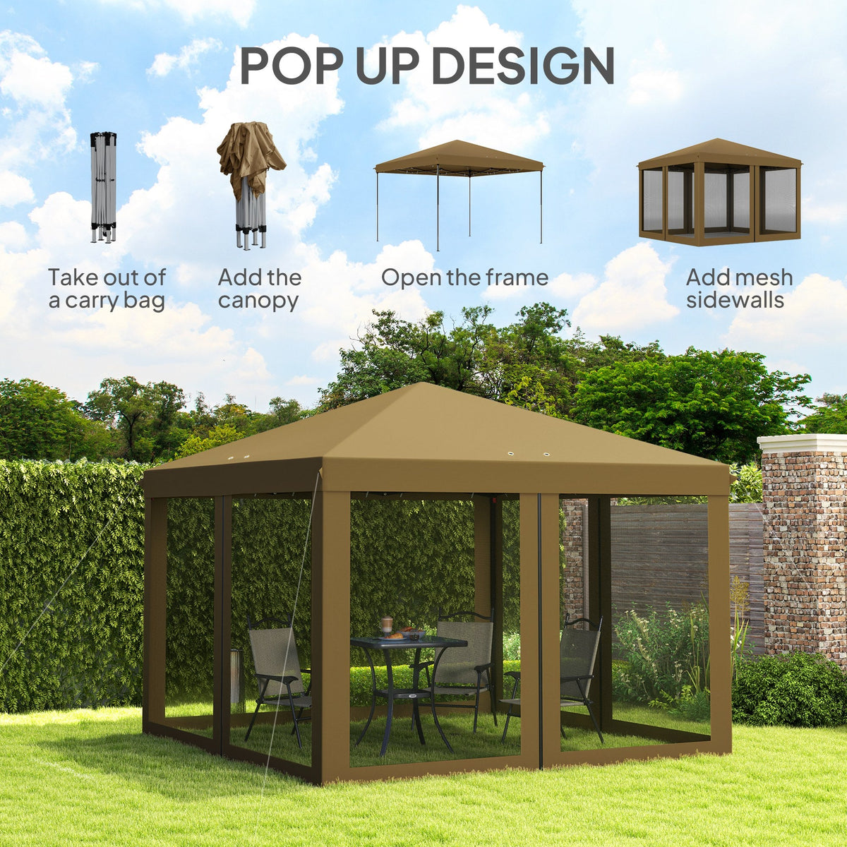 3 x 3m Pop Up Gazebo with Removable Mesh Netting & Carry Bag, Khaki — product view 6