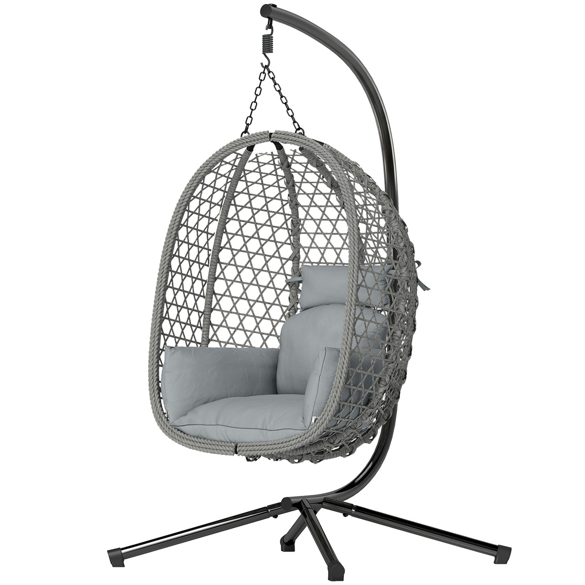 Hanging Egg Chair, Rattan with Stand, Safety Strap & Foldable Basket, Dark Grey — product view 2