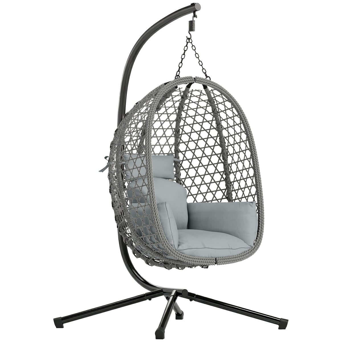 Hanging Egg Chair, Rattan with Stand, Safety Strap & Foldable Basket, Dark Grey — product view 1