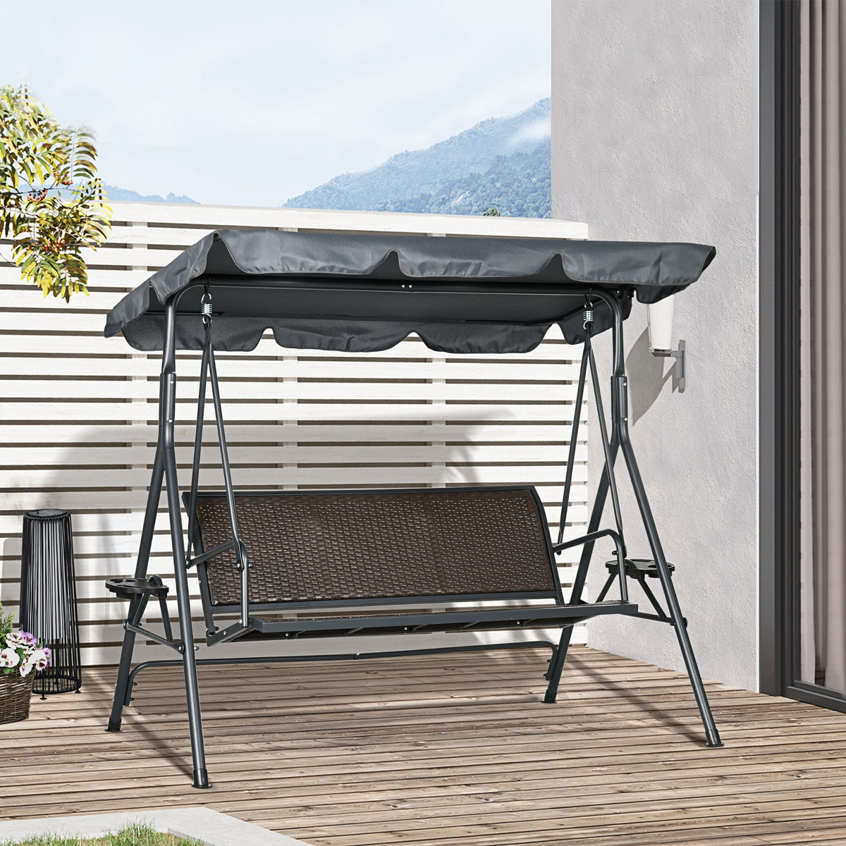 3 Seater Garden Swing Chair with Adjustable Canopy & Rattan Seat, Dark Grey — product view 4