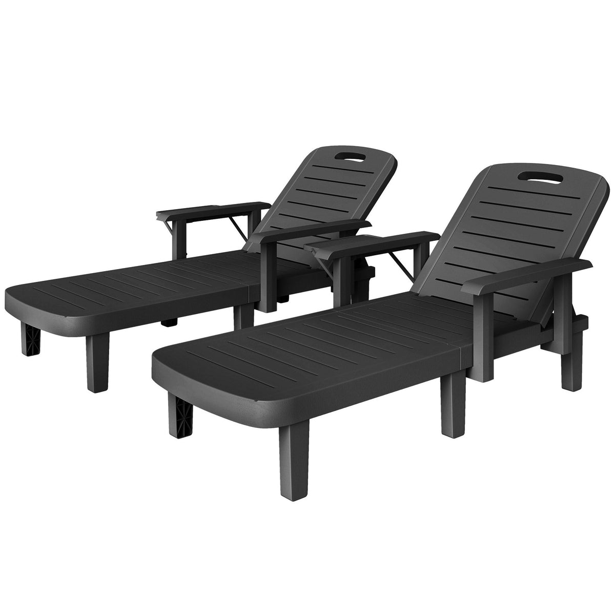 Set of 2 Resin Sun Loungers with Foldable Side Table, Black — product view 2