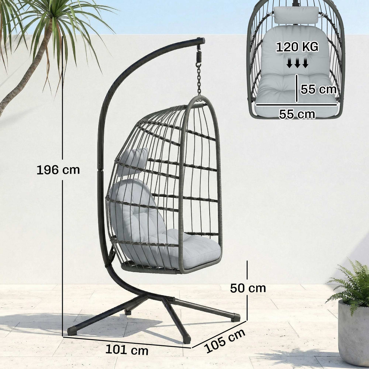 Hanging Egg Chair with Stand, Metal Frame and Adjustable Height, Dark Grey — product view 5